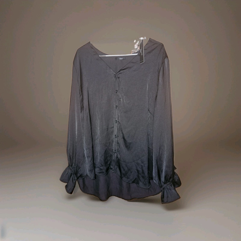 NWT $98 Tahari Blouse Women's Plus 3X Black Button Up V Neck Flowy Long Sleeve
